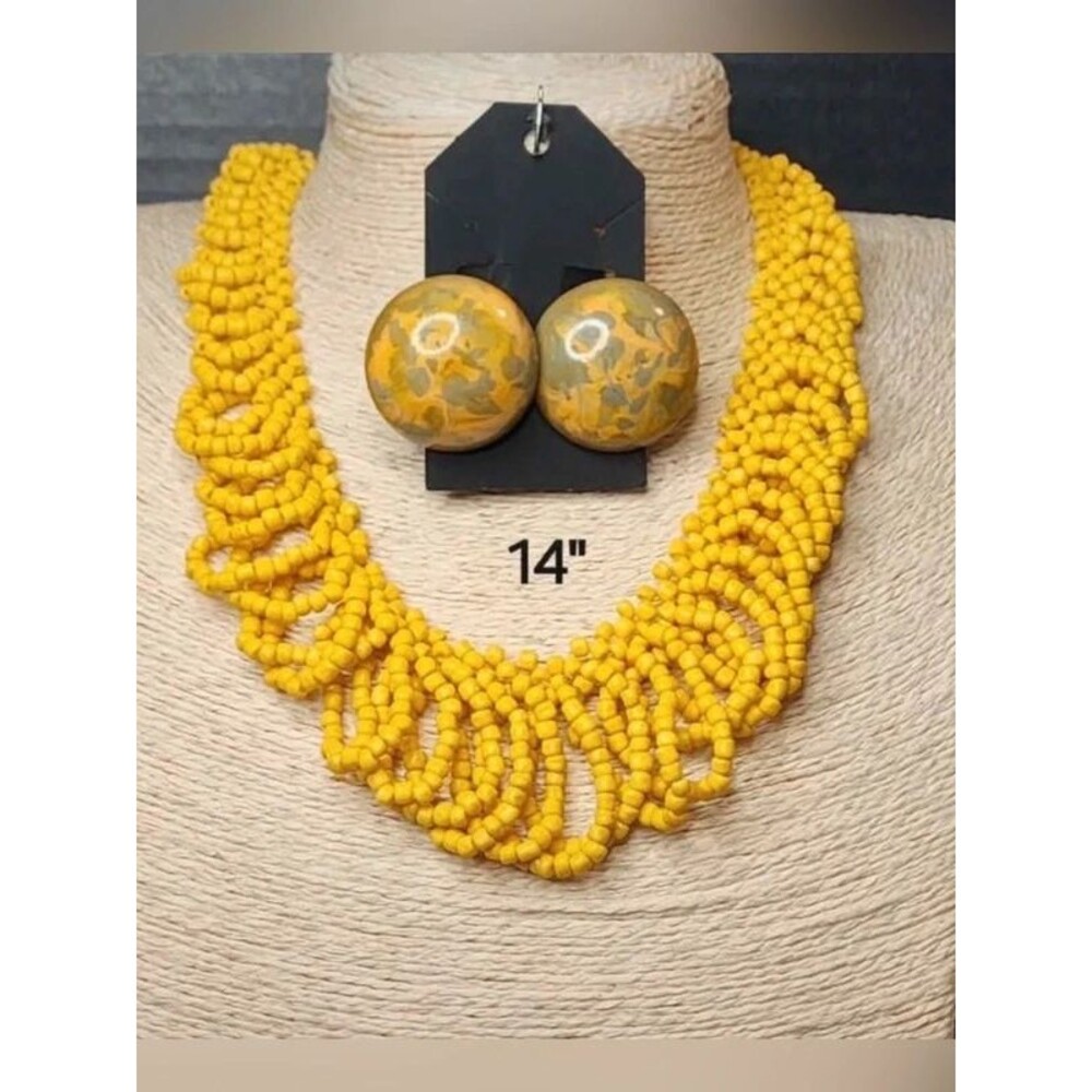55. Bold Yellow Beaded Statement Necklace Set